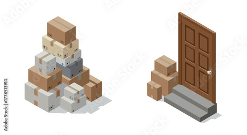 Isometric cardboard boxes and doorstep delivery concept
