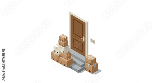 Isometric delivery boxes outside doorway and steps with doorbell