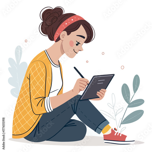 Smiling woman creating digital art using a tablet and stylus