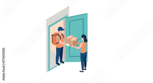 Isometric delivery service courier handing package to customer at doorstep