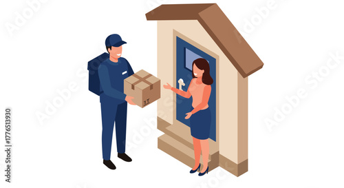 Isometric delivery scene courier handing package to customer at doorstep