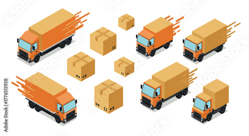 Isometric delivery trucks and boxes in motion for logistics and shipping concepts