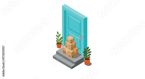 Isometric delivery boxes at doorstep with potted plants illustration