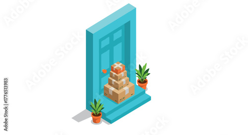 Isometric delivery boxes at doorstep with potted plants on blue entrance background