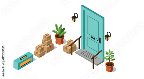Isometric front door with delivery boxes and plants