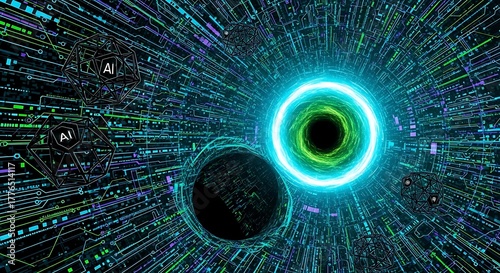 Futuristic AI Network and Digital Data Flow with Portals