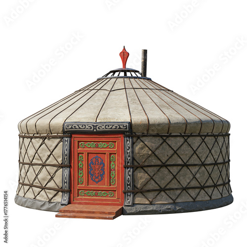 Traditional Mongolian yurt with decorative entrance  showcasing nomadic culture, isolated on white, transparent background