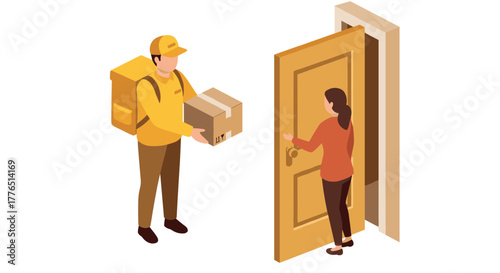Couriers delivering packages to customers at home  isometric home delivery service concept