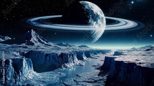 Mysterious blue alien planet landscape under night sky and stars with ringed moon, icy canyons, frozen rivers, rugged glacier cliffs, serene wonder