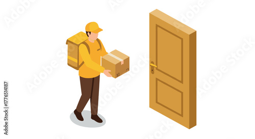 Isometric delivery man with package approaching a door in uniform