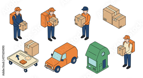 Isometric delivery service icons featuring workers, vehicles, and parcel boxes