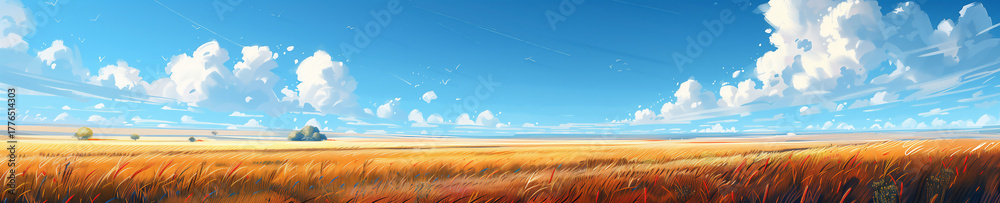 Naklejka premium ripe golden wheat field stretching to the horizon beneath a bright blue sky with fluffy clouds. Generative ai raster illustration. Wide banner image
