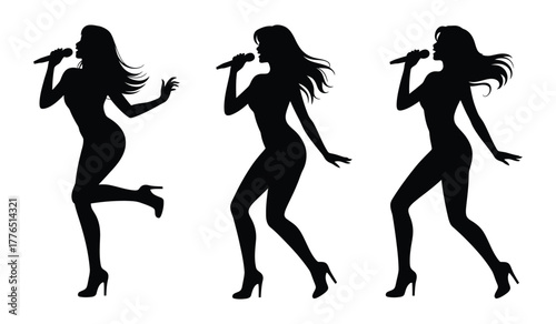 Female Pop Singer Vector Silhouette Set, vector of female artist singing in karaoke, and showing their talent, this figuration is isolated in white background