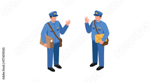 Isometric mail delivery two couriers with packages and letters in uniform