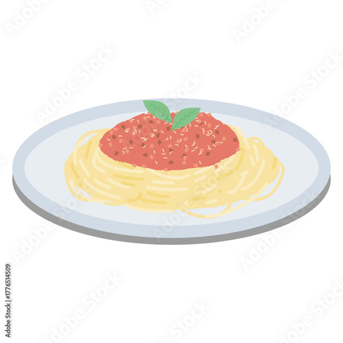 Vector illustration of spaghetti with meat sauce and basil leaves