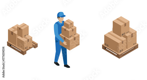 Delivery service isometric design with worker carrying boxes and pallet