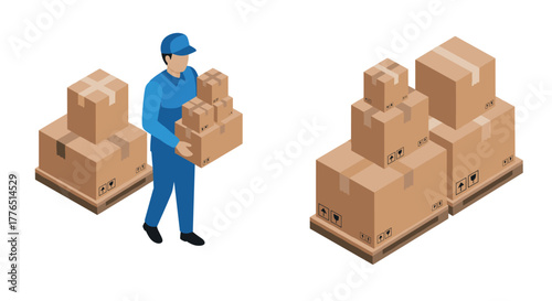 Isometric delivery worker with parcel boxes in warehouse environment
