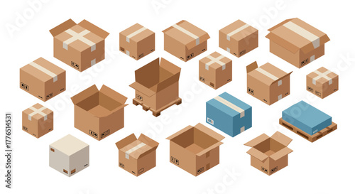 Isometric cardboard boxes and packages on white background
