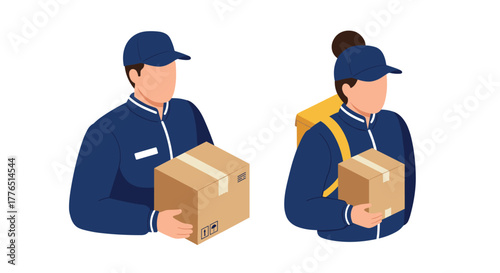 Delivery personnel in blue uniforms holding packages in isometric style