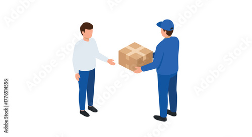 Delivery service interaction between customer and courier in isometric style