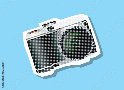 Digital Camera, dotted collage element in torn paper vector with pointillism.