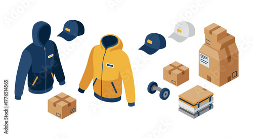 Isometric delivery set with hoodies, caps, and packages for logistics and ecommerce concepts
