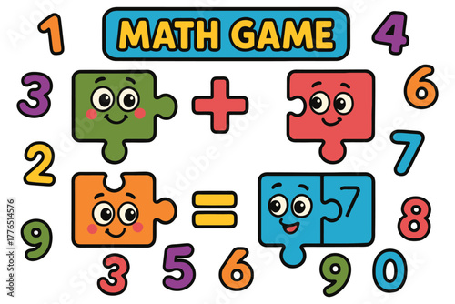 Cute cartoon math game with puzzle pieces and numbers for children