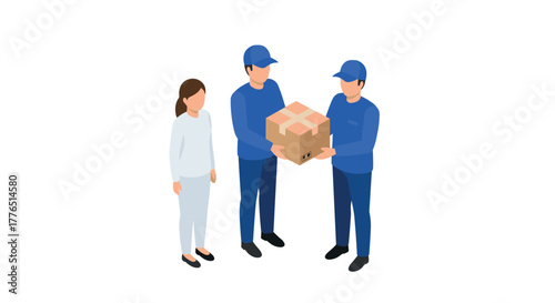 Isometric delivery team handing package to customer in uniform