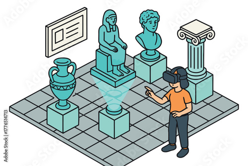 Person wearing vr headset explores ancient artifacts in a virtual museum exhibit