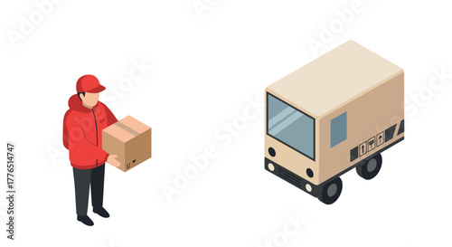 Isometric delivery person in red uniform with carton box and autonomous delivery van