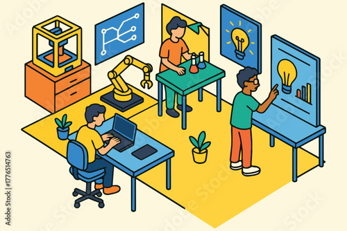 Diverse students engaged in stem learning and innovation in a modern classroom setting