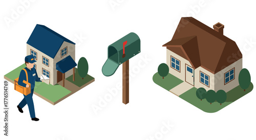 Mail delivery in suburban neighborhood with isometric houses and mailbox