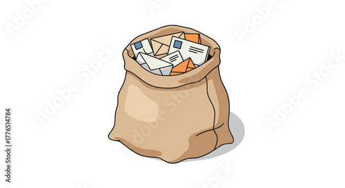 Overflowing mail bag filled with colorful envelopes on white background