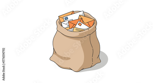 Mail bag filled with envelopes in cartoon style on white background