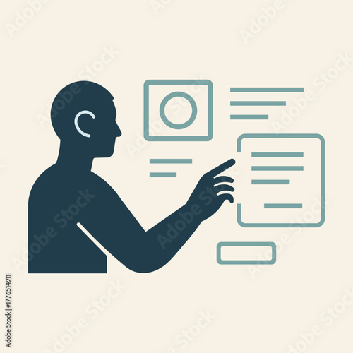 Minimalist vector illustration of man interacting with digital interface in modern flat style.eps