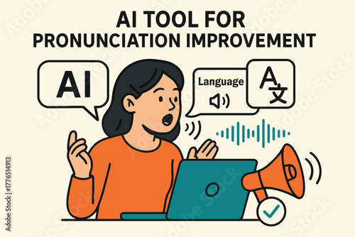 Woman using ai tool for pronunciation improvement with laptop and megaphone
