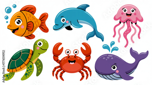 Cartoon sea animals collection cute vector illustration of marine life isolated on white background