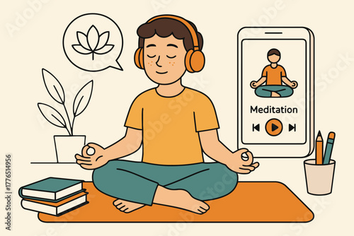 Young man meditating with headphones listening to guided meditation on phone