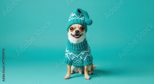 A funny chihuahua dog wearing a turquoise winter sweater and matching hat. Cute pet dressed for the holidays on a solid color background. Christmas jumper day concept with copy space