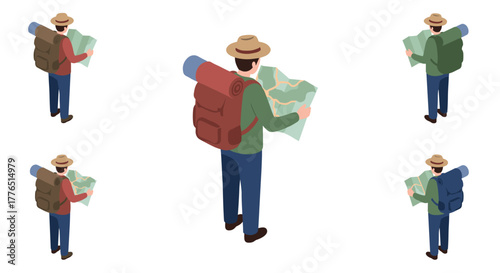 Adventurer with backpack reading map in isometric style