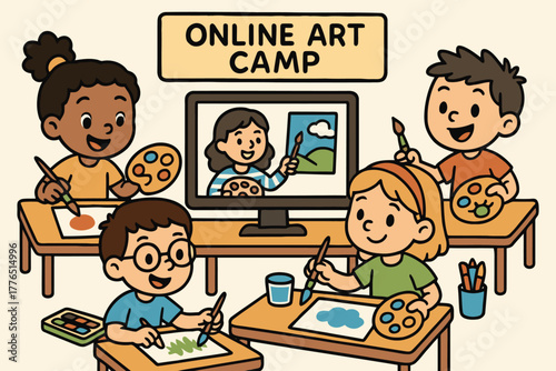Children happily engage in an online art camp class learning to paint