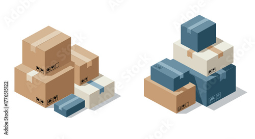 Isometric cardboard box collection for shipping and storage design