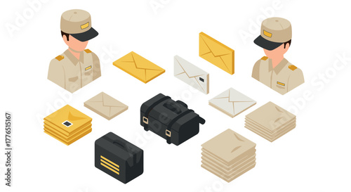 Isometric postal service concept with mail carriers and mail items