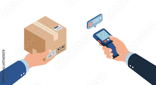 Isometric parcel scanning with barcode reader and digital tracking icons