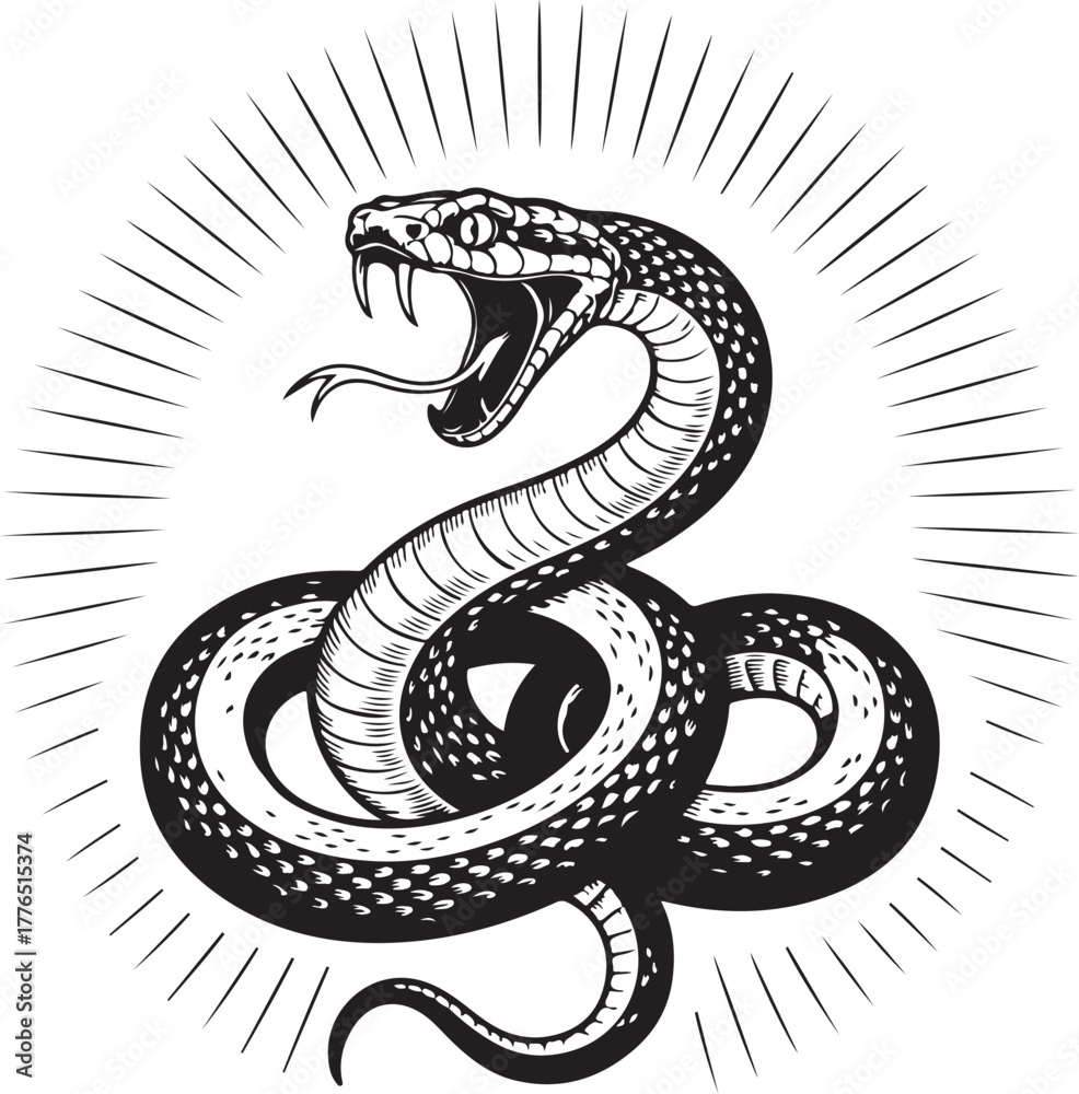 Obraz premium Coiled Cobra Illustration With Radiating Lines: A Symbol of Danger and Mystique