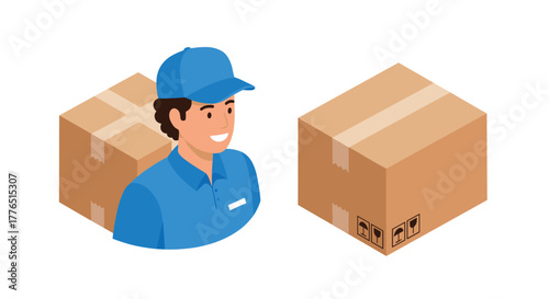 Delivery worker in uniform with parcel box on white background