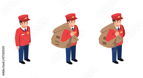 Isometric postman carrying parcel bag, cartoon style mail delivery worker