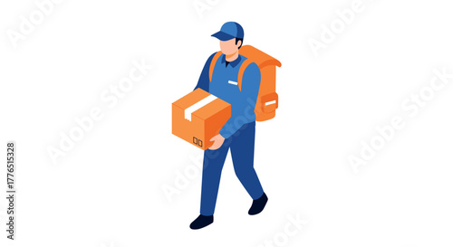 Delivery person carrying package in isometric style on white background