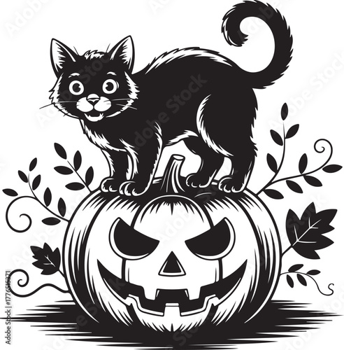 Whimsical Black Cat Illustration Atop Carved Pumpkin for Children's Artwork & Halloween