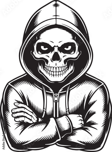 Monochrome Skull in Hoodie Illustration: Edgy Streetwear Apparel Print and Badge Element